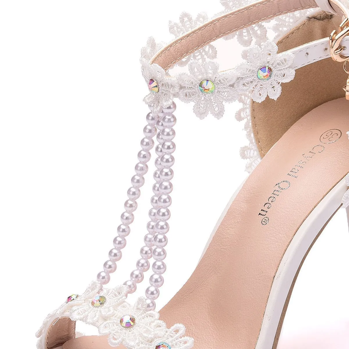 Women's floral lace pearls peep toe stiletto wedding sandals 4.3"