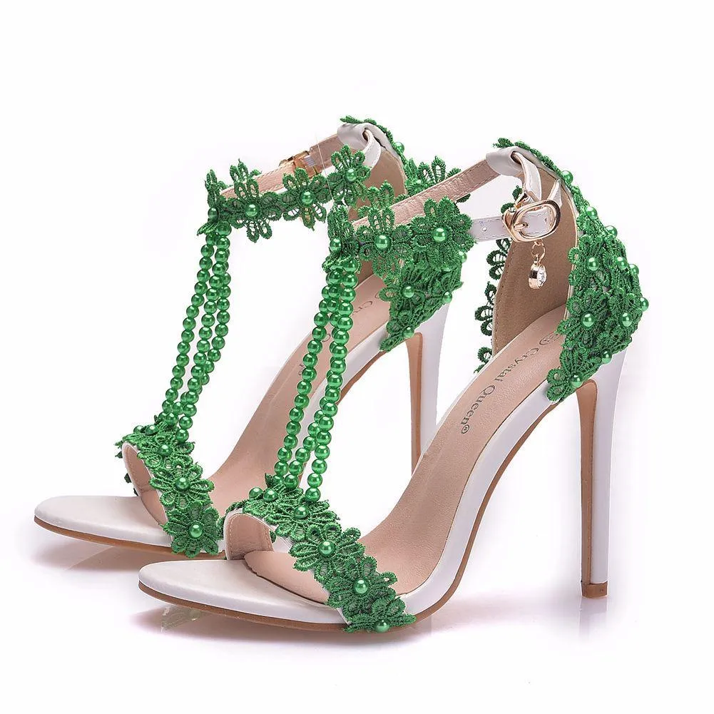 Women's floral lace pearls peep toe stiletto wedding sandals 4.3"