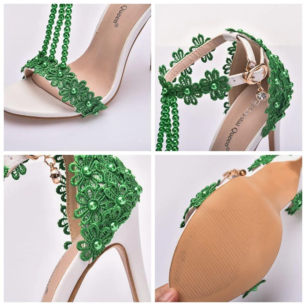 Women's floral lace pearls peep toe stiletto wedding sandals 4.3"
