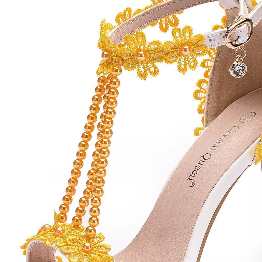 Women's floral lace pearls peep toe stiletto wedding sandals 4.3"