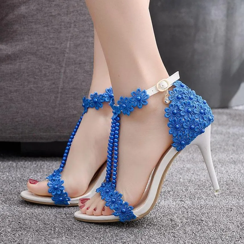 Women's floral lace pearls peep toe stiletto wedding sandals 4.3"