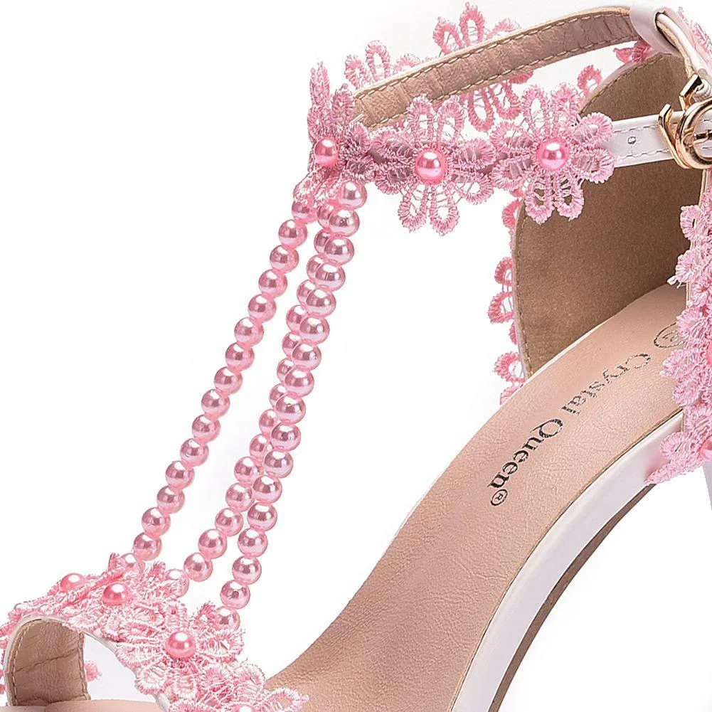Women's floral lace pearls peep toe stiletto wedding sandals 4.3"