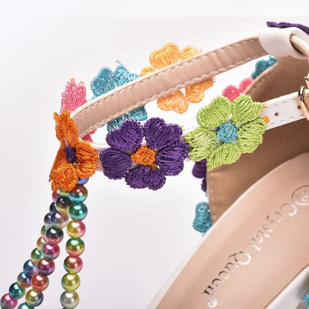 Women's floral lace pearls peep toe stiletto wedding sandals 4.3"