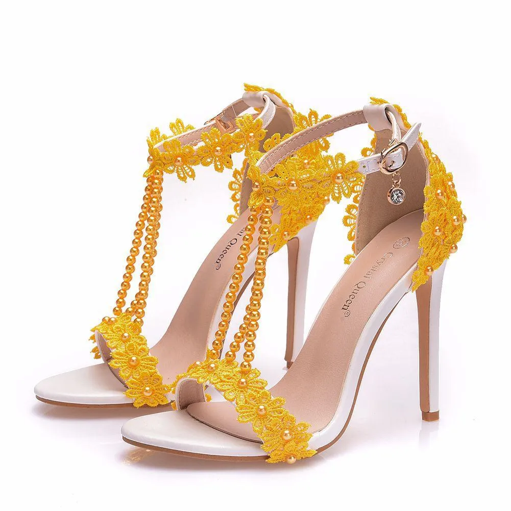 Women's floral lace pearls peep toe stiletto wedding sandals 4.3"