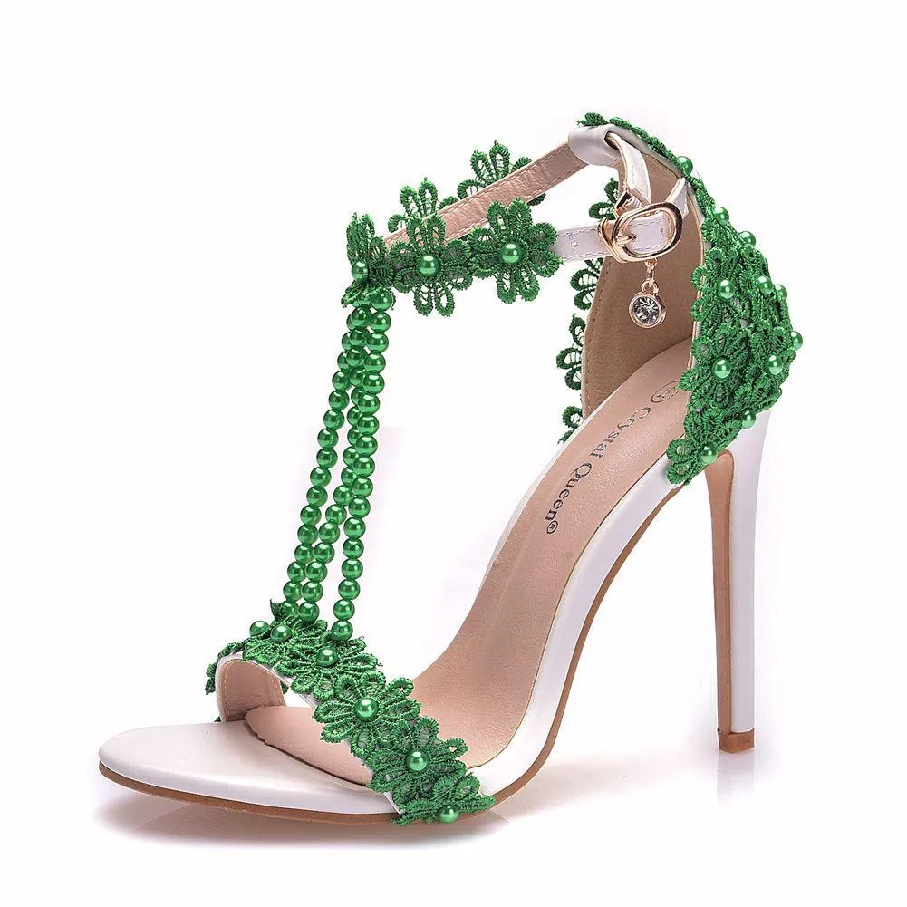 Women's floral lace pearls peep toe stiletto wedding sandals 4.3"