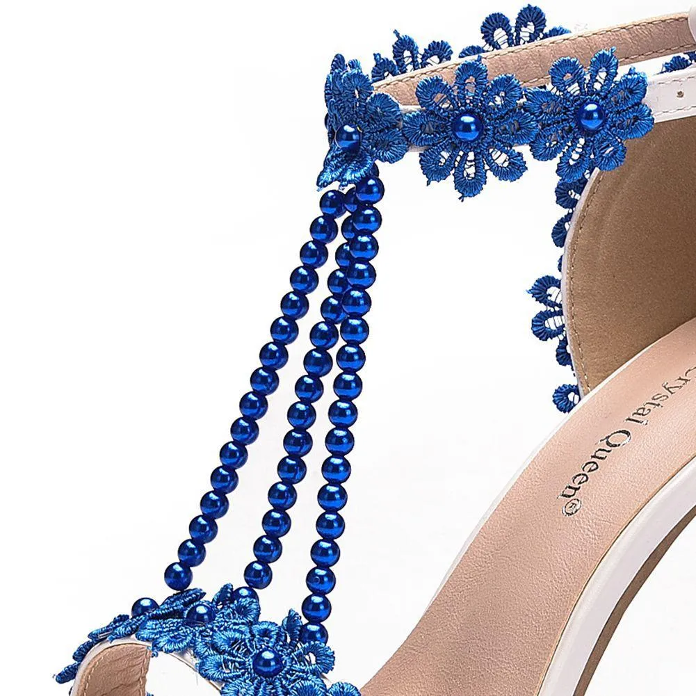 Women's floral lace pearls peep toe stiletto wedding sandals 4.3"