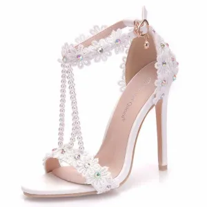 Women's floral lace pearls peep toe stiletto wedding sandals 4.3"