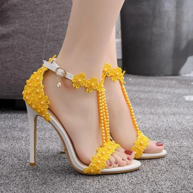 Women's floral lace pearls peep toe stiletto wedding sandals 4.3"