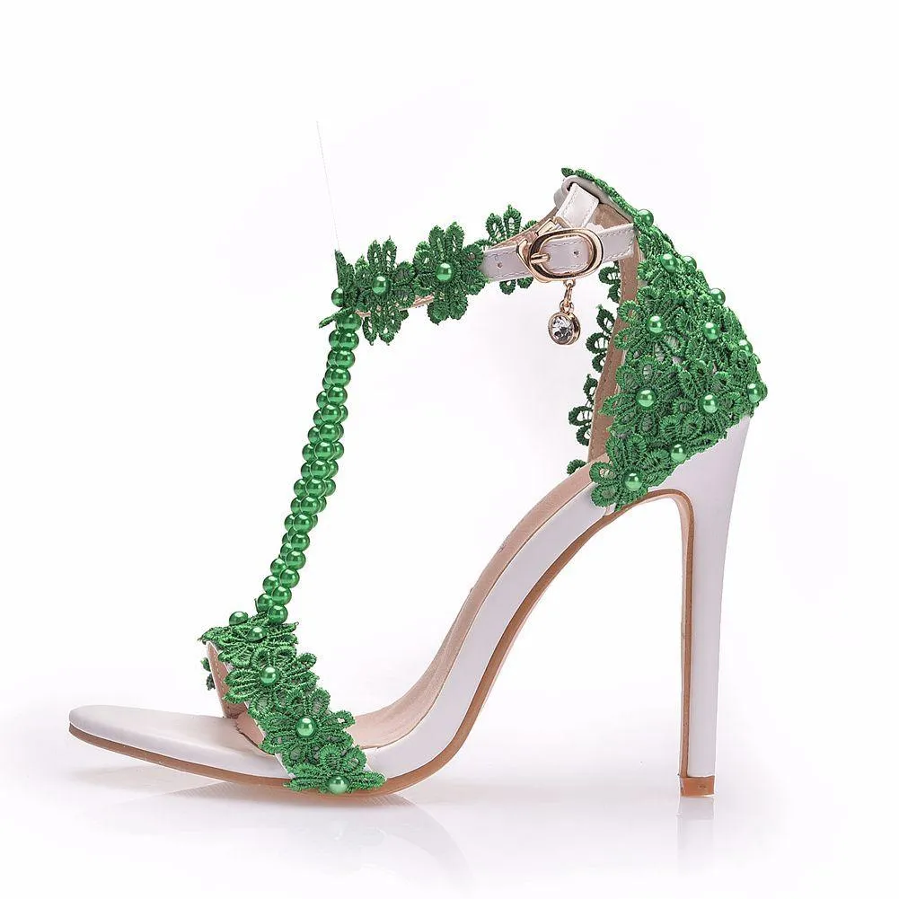 Women's floral lace pearls peep toe stiletto wedding sandals 4.3"