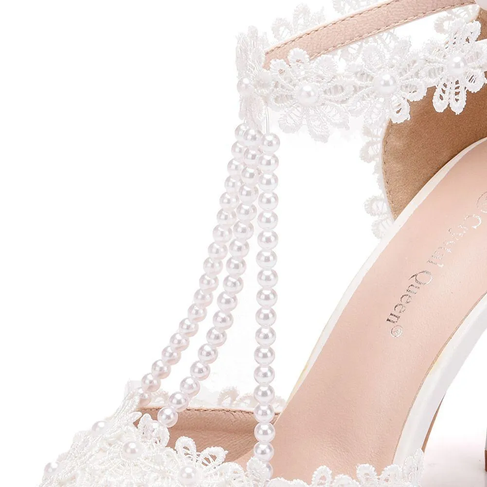 Women's floral lace pearls peep toe stiletto wedding sandals 4.3"