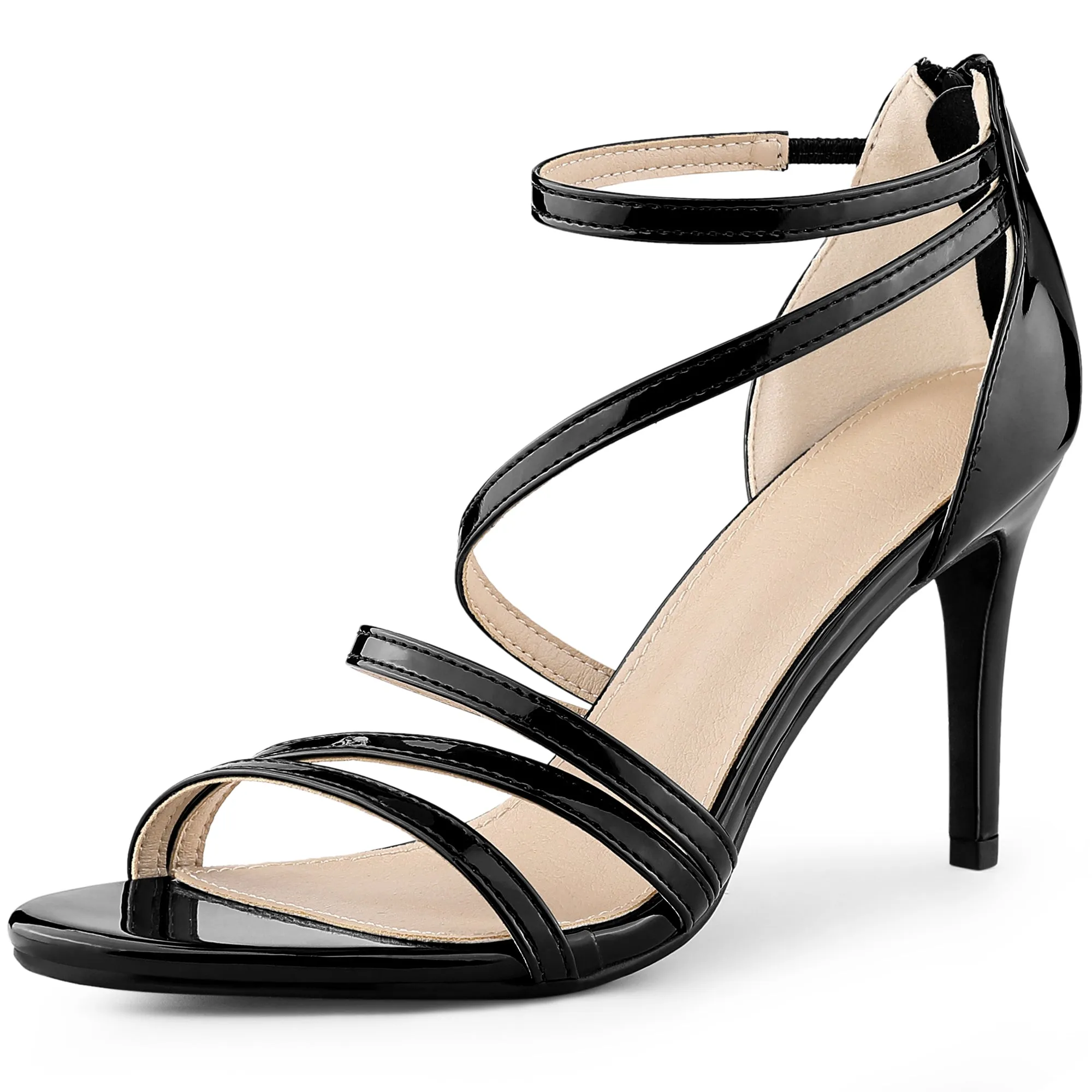 Women's Open Toe Strappy Ankle Strap Back Zip Stiletto Heel Sandals