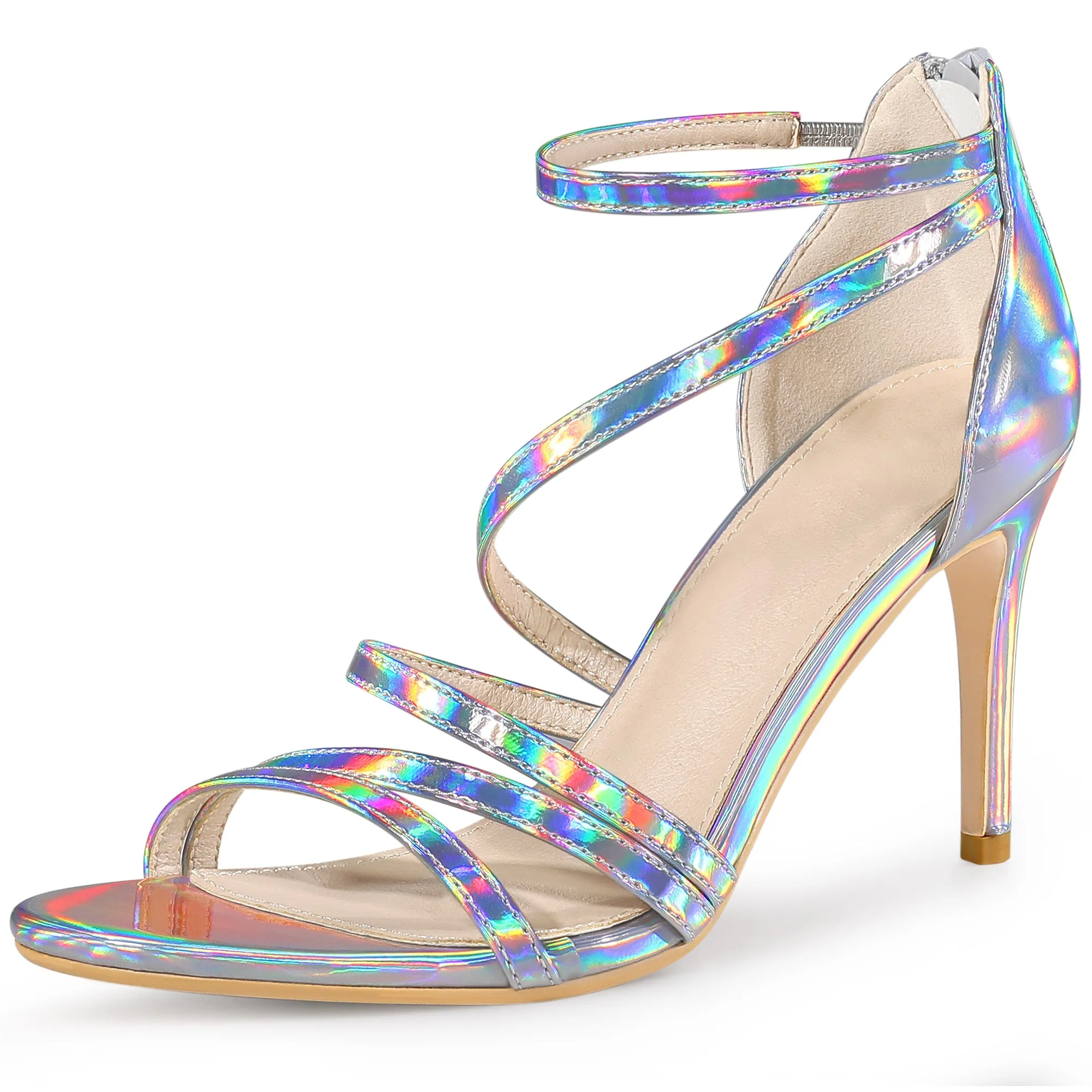Women's Open Toe Strappy Ankle Strap Back Zip Stiletto Heel Sandals