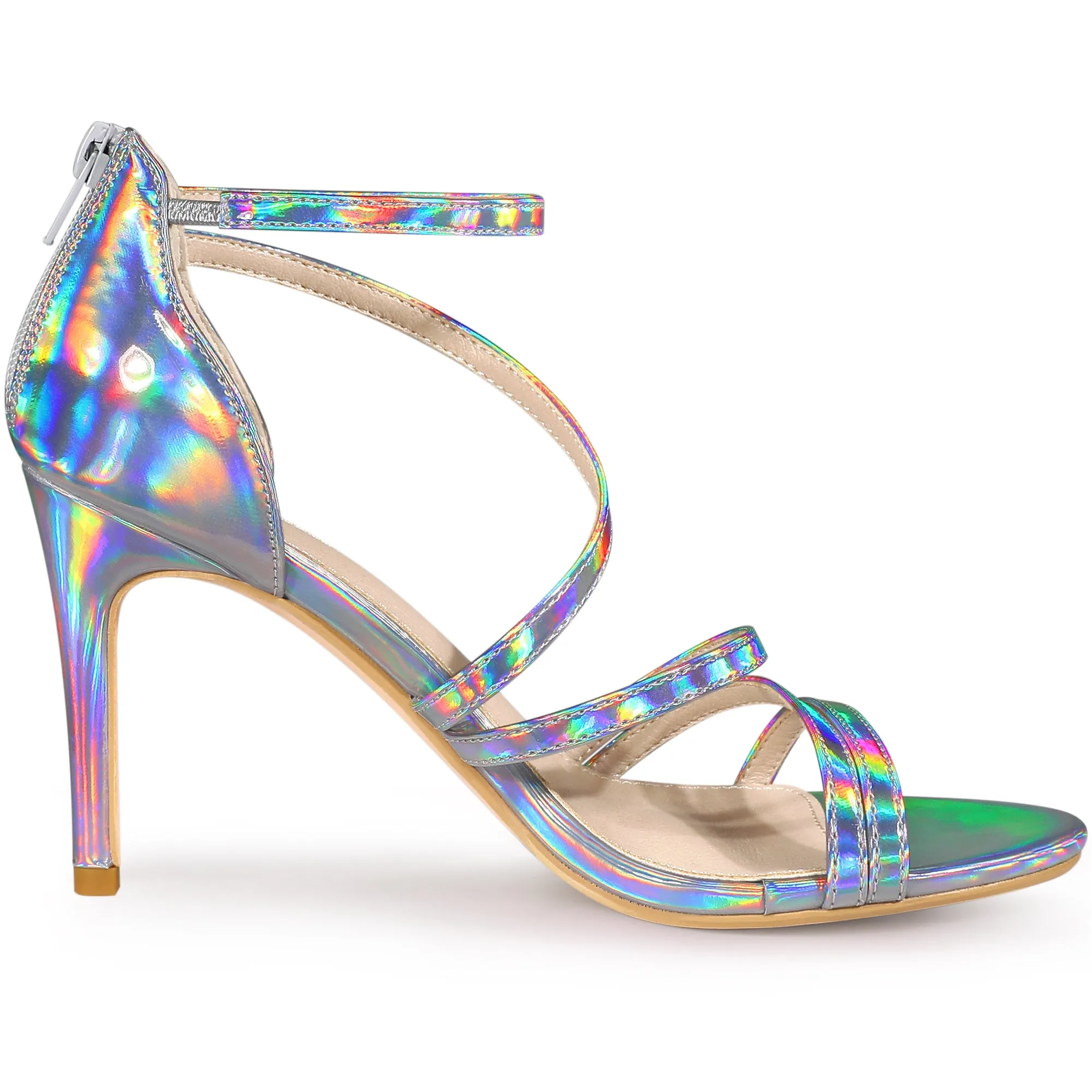 Women's Open Toe Strappy Ankle Strap Back Zip Stiletto Heel Sandals