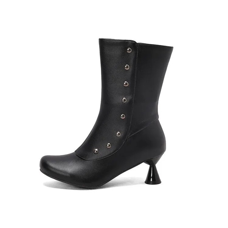 Women's Patchwork Rivets Round Toe Strange Heel Mid Calf Boots