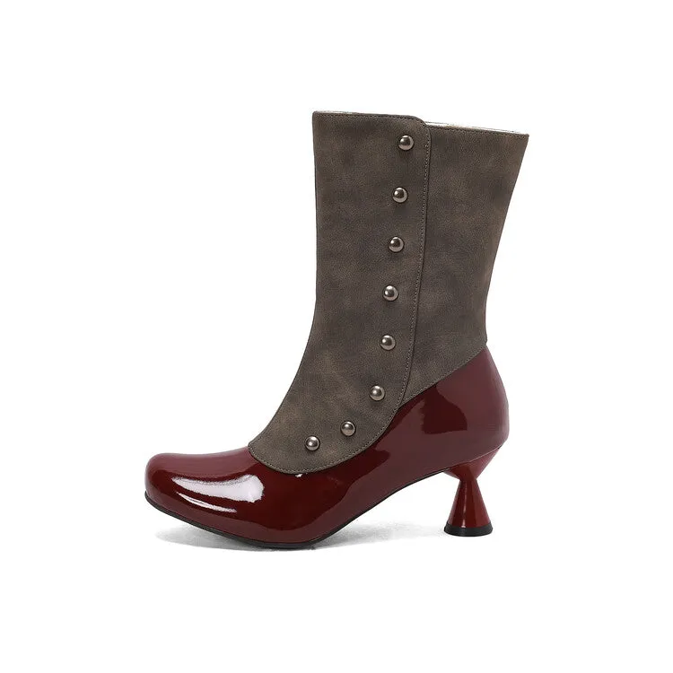 Women's Patchwork Rivets Round Toe Strange Heel Mid Calf Boots