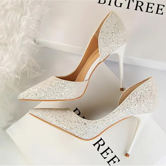 Women's rhinestone sparkly wedding high heels d’Orsay pumps for wedding/party