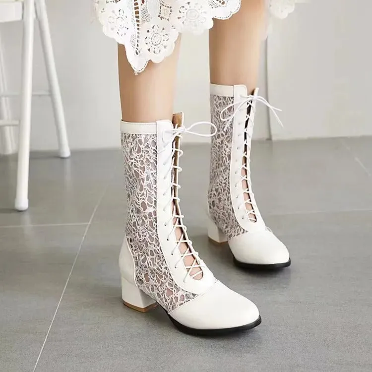 Women's Round Toe Lace-up Hollow Out Mid-Calf Boots