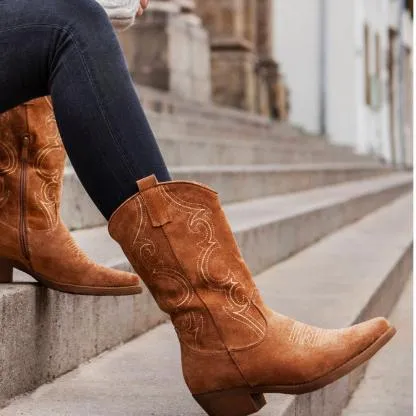 Women's vintage flower embroidery mid calf cowboy boots chunky square heel boots