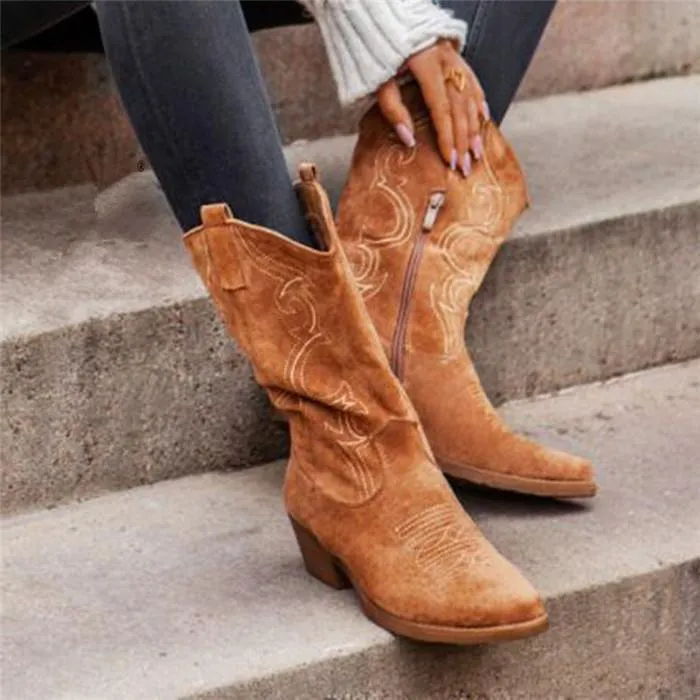 Women's vintage flower embroidery mid calf cowboy boots chunky square heel boots