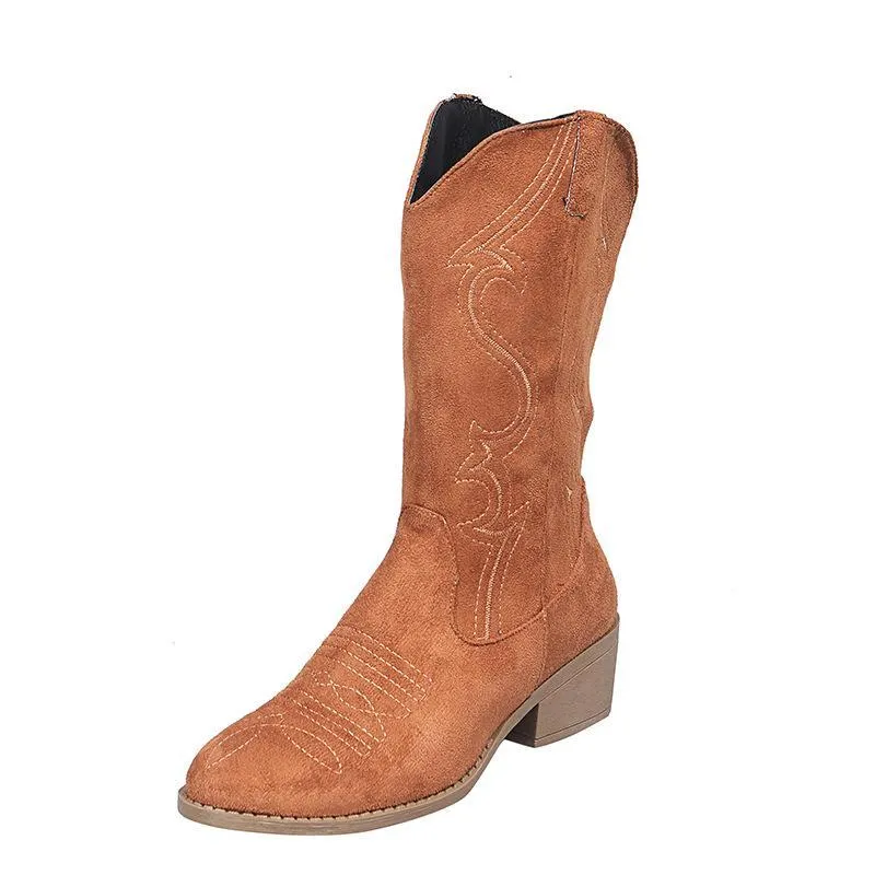 Women's vintage flower embroidery mid calf cowboy boots chunky square heel boots