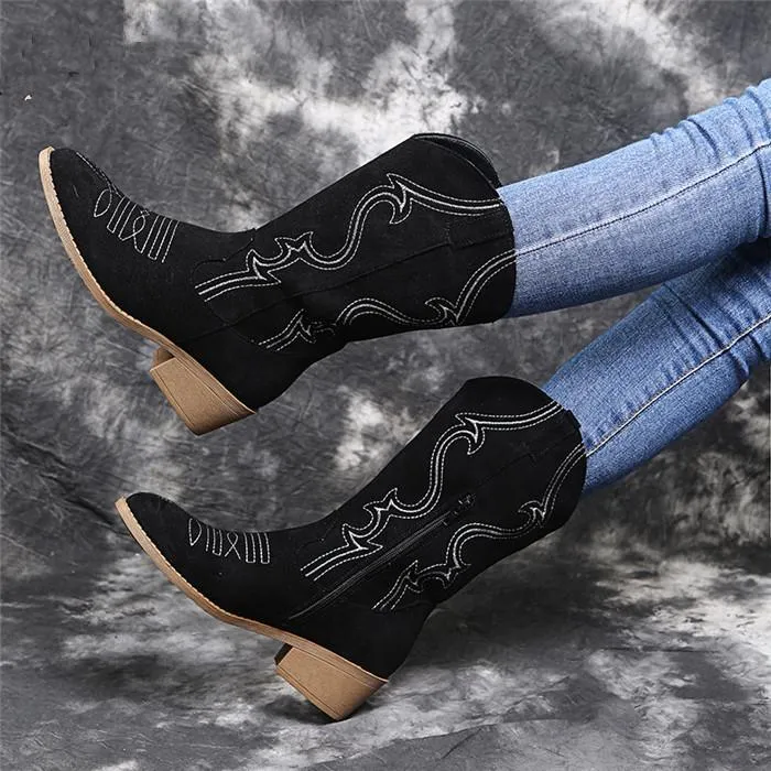 Women's vintage flower embroidery mid calf cowboy boots chunky square heel boots