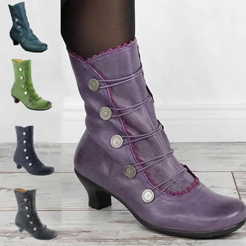 Women's vintage louis heels mid calf boots retro zipper boots
