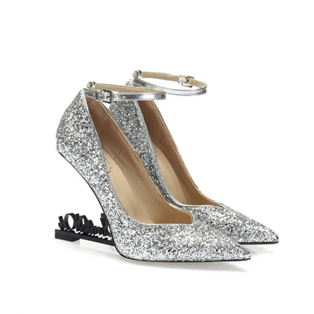 Ystergal Metal Letters Heel Women Pumps Patent Leather