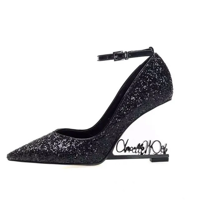 Ystergal Metal Letters Heel Women Pumps Patent Leather