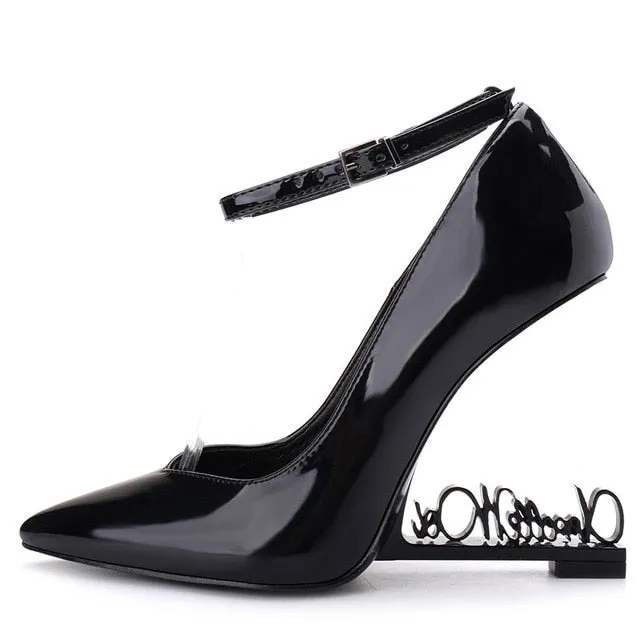 Ystergal Metal Letters Heel Women Pumps Patent Leather